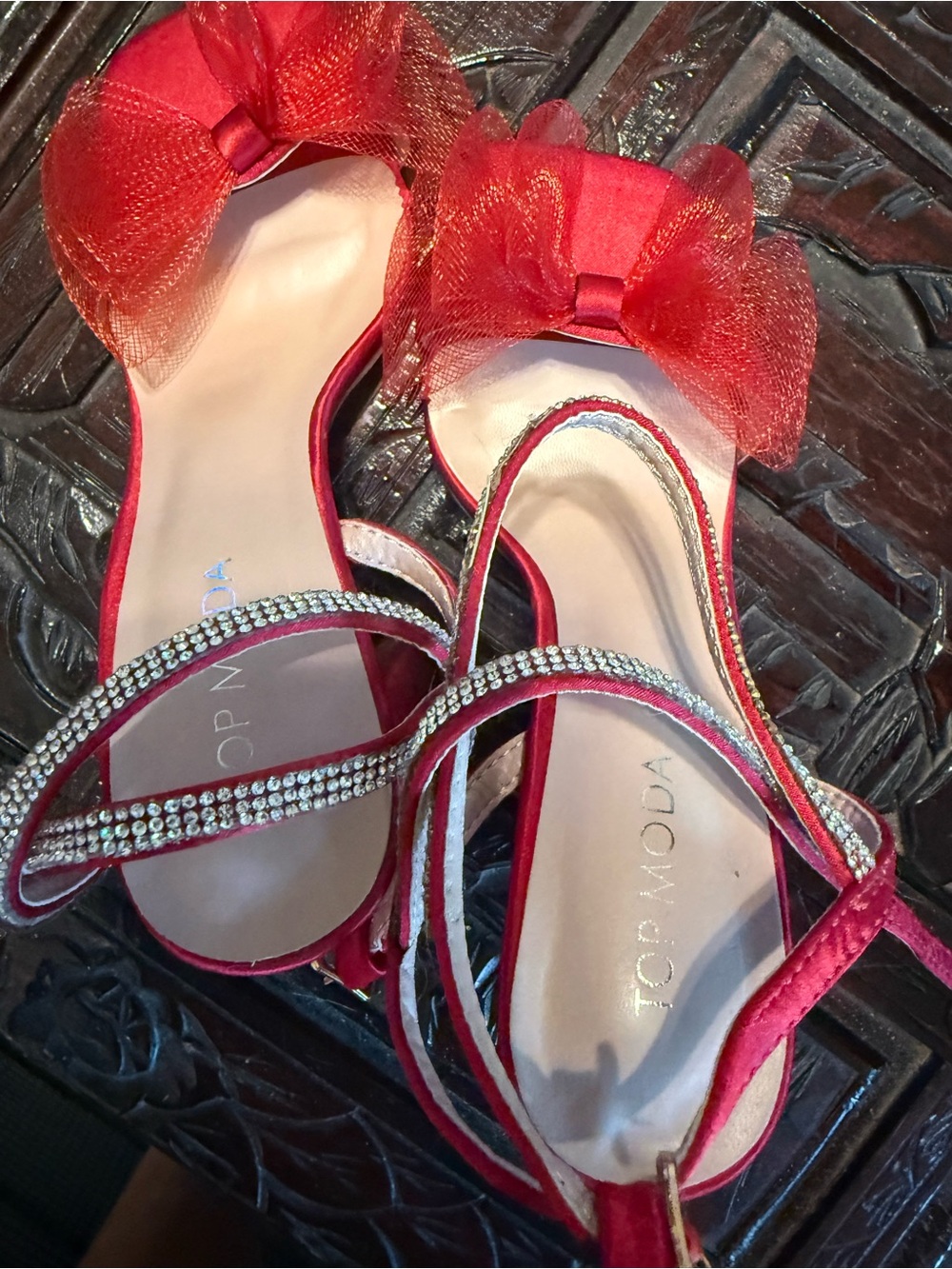 Top Moda Red Bow Slingback Sandals with Rhinestone Straps